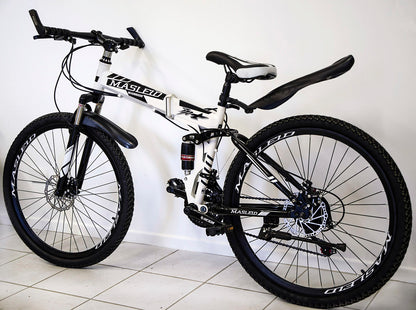 Dual Suspension Foldable 21 Speed Mountain Bike  (White & Black Bicycle)