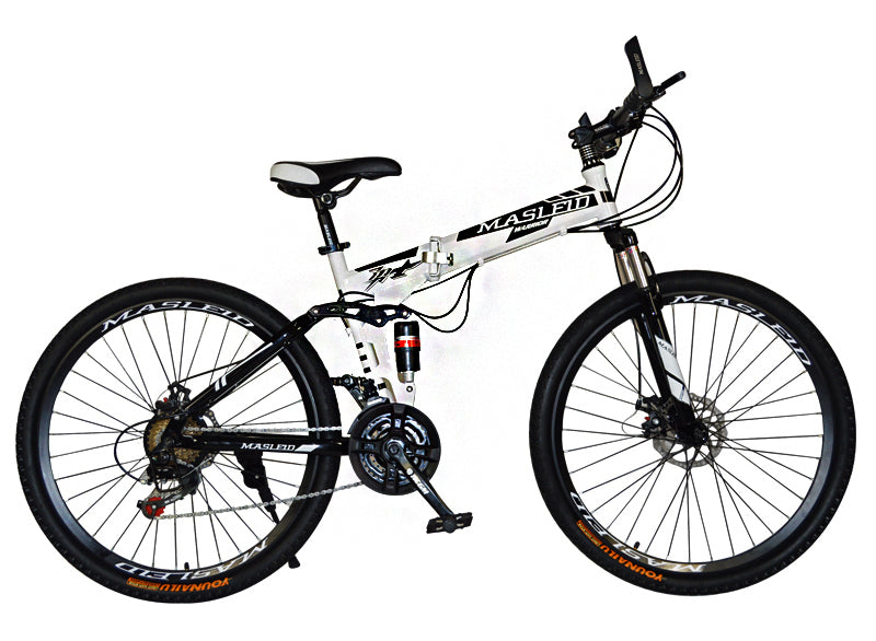 Dual Suspension Foldable 21 Speed Mountain Bike  (White & Black Bicycle)