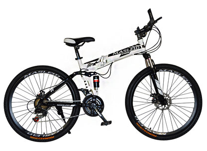 Dual Suspension Foldable 21 Speed Mountain Bike  (White & Black Bicycle)