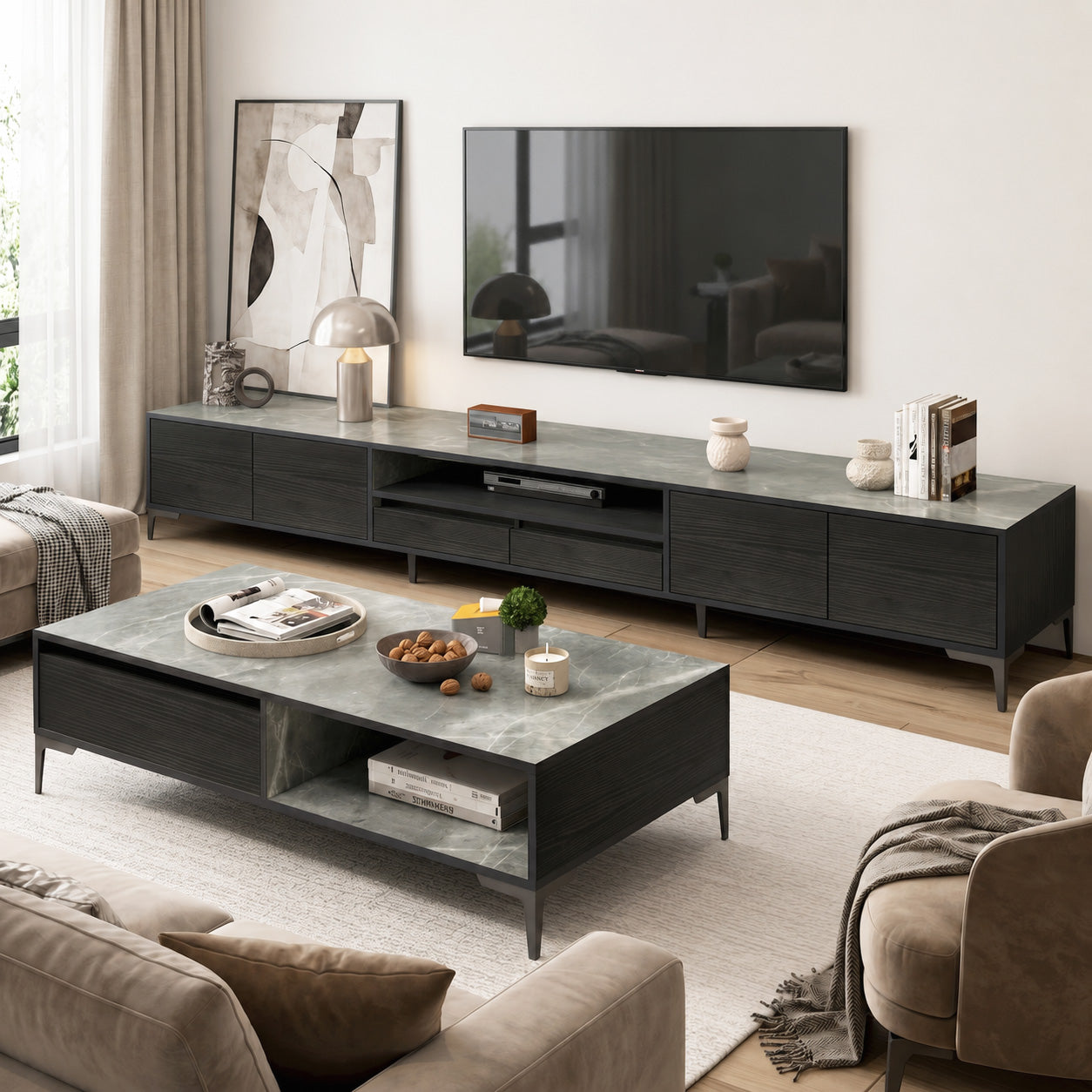 2-Piece Set Minimalist Large Coffee Table & 2m TV Cabinet
