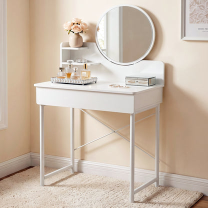 Luxe White Makeup Vanity Dressing Table Mirror Storage Shelves