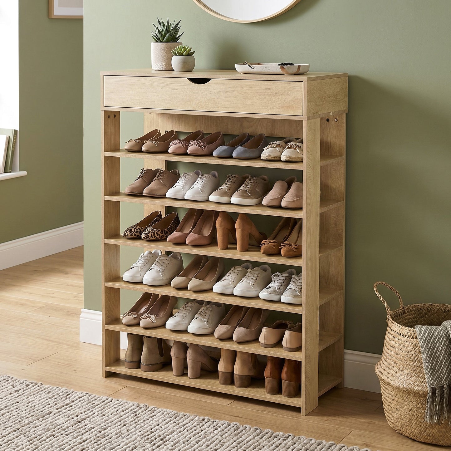 Fiesta 7 Tier Extra Spacious Wooden Shoe Rack Organizer Shelf Cabinet (Natural Oak)