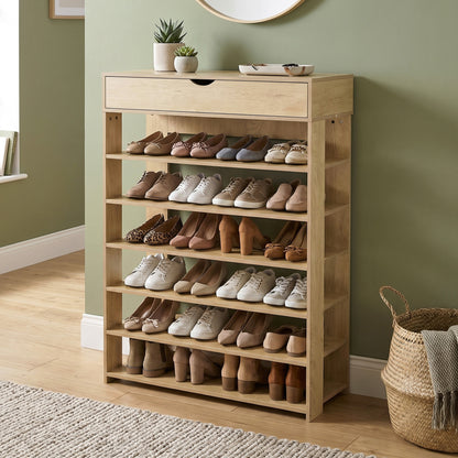 Fiesta 7 Tier Extra Spacious Wooden Shoe Rack Organizer Shelf Cabinet (Natural Oak)