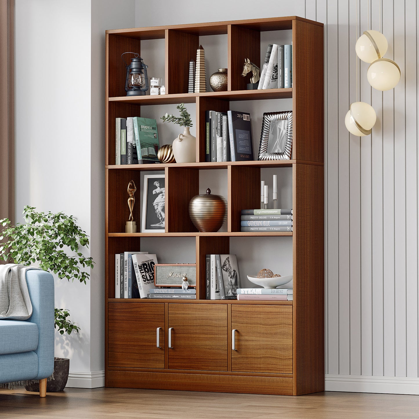 Alpha 10-Shelf 3-Door Wardrobe Cupboard Bookshelf Cabinet (Walnut)