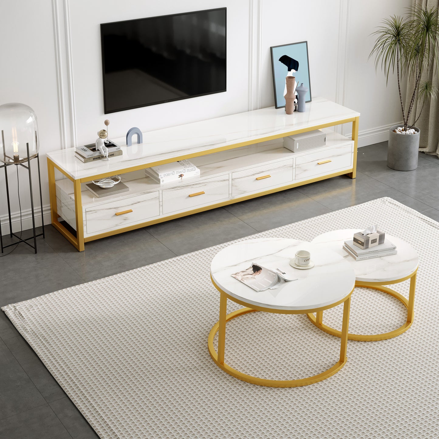 2-Piece Set Synergy Luxury Marble Look Coffee Table & TV Cabinet (White)