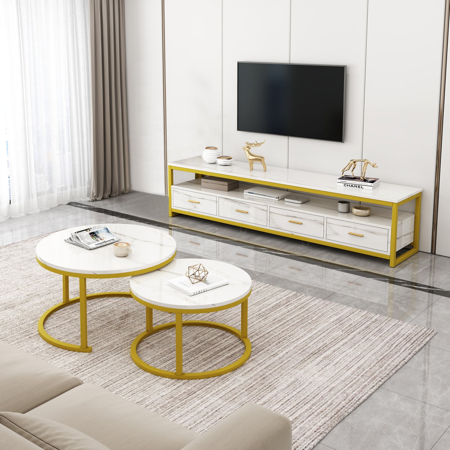 2-Piece Set Synergy Luxury Marble Look Coffee Table & TV Cabinet (White)