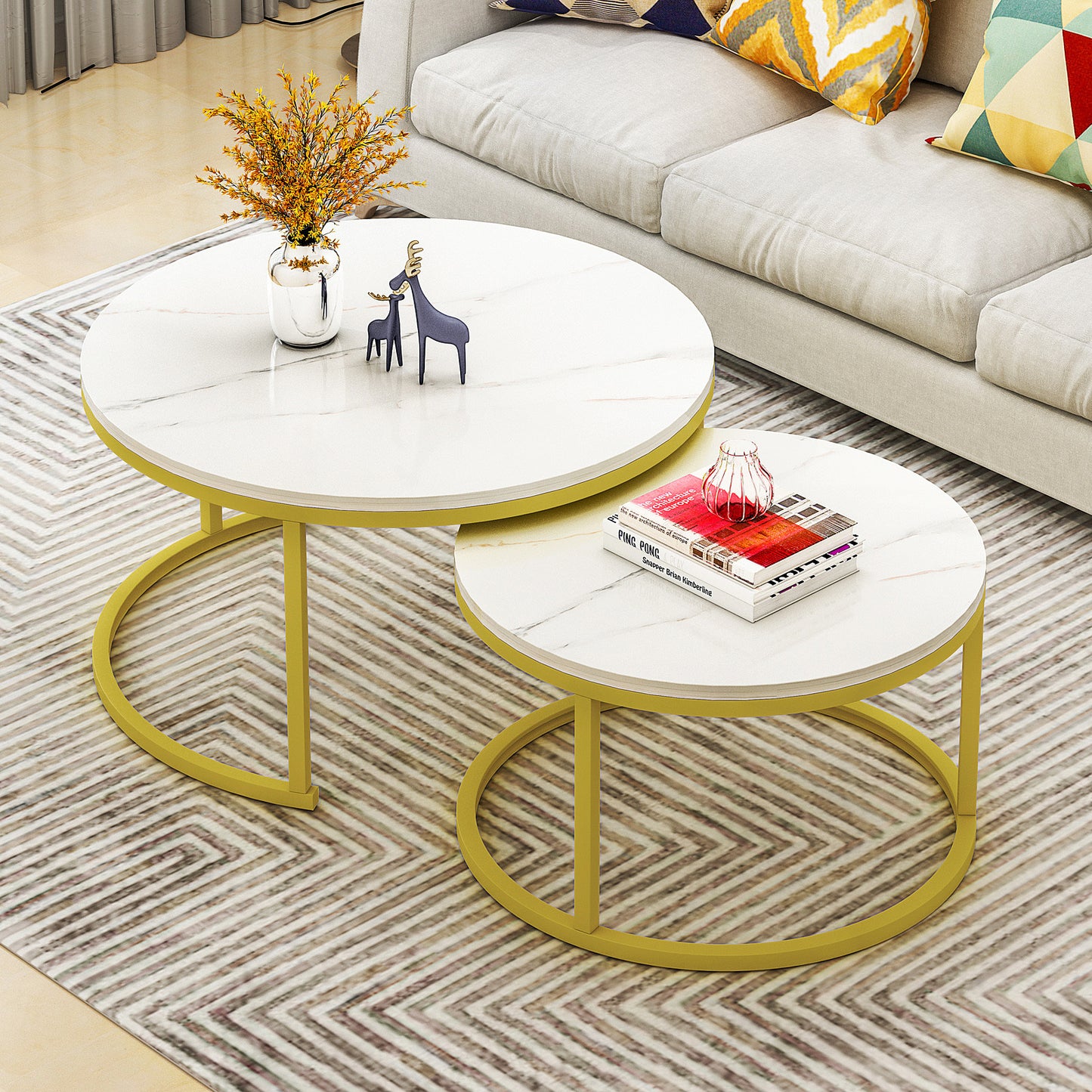 Synergy 2 In 1 Lush Marble Look Designer Nesting Coffee Tables (White)