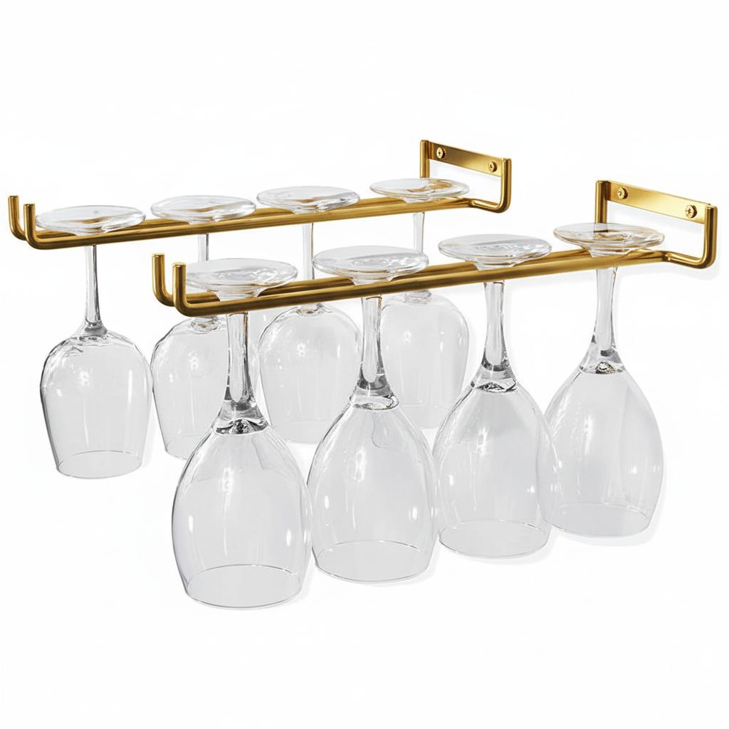 2 x Wine Glass Hanger Rack Under Cabinet Kitchen Bar Stemware Metal Storage Organizer (Gold)