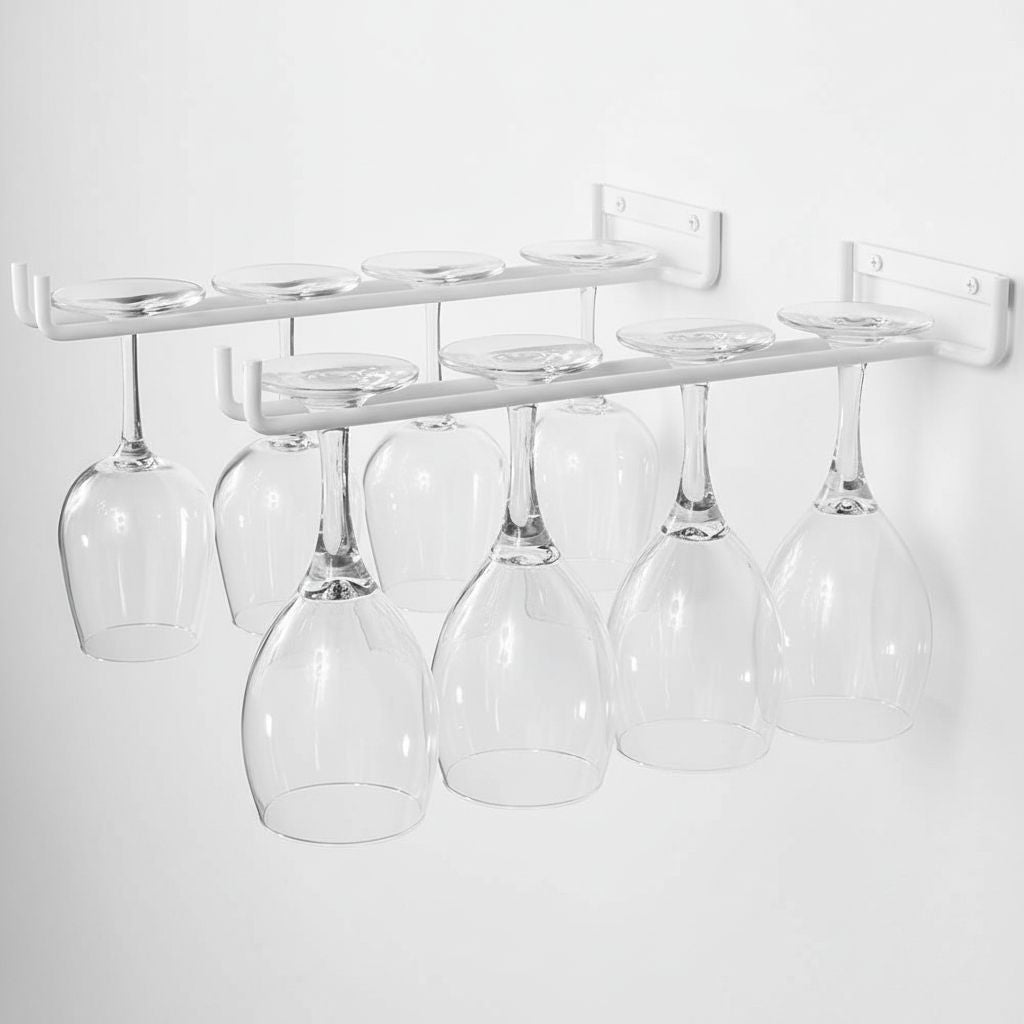 2 x Wine Glass Hanger Rack Under Cabinet Kitchen Bar Stemware Metal Storage Organiser (White)