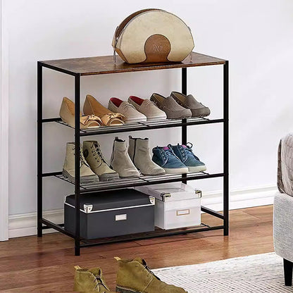 Vita 4-Tier Rustic Wood & Metal Shoe Rack Storage Shelf Organiser