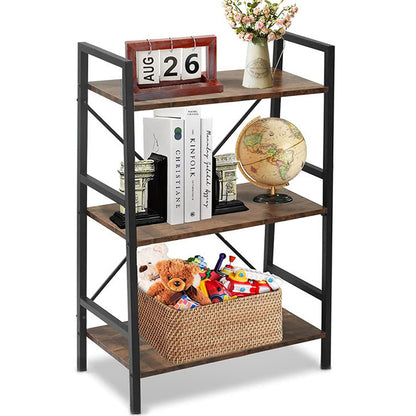 3 Tier Multifunction Heavy Duty Bookcase Rustic Wood & Steel Storage Shelf Organizer