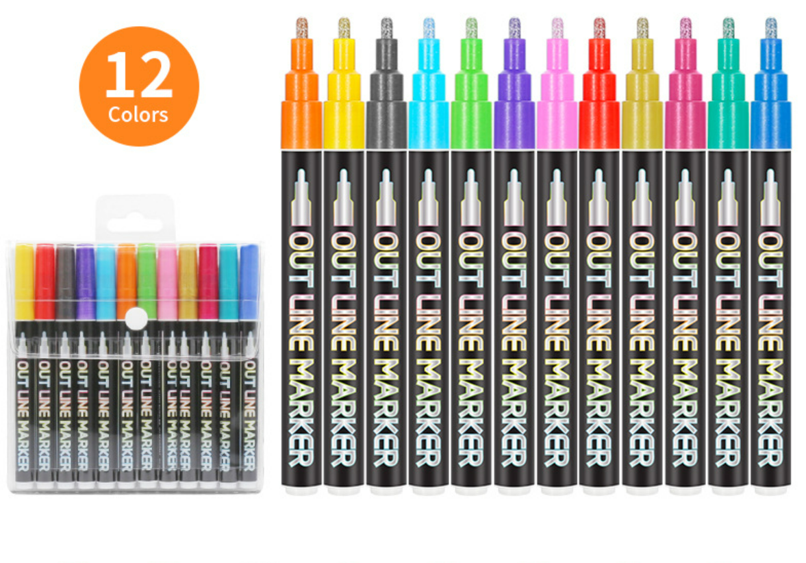 12 Colours Outline Markers Metallic Magic Glitter Art Drawing Pens