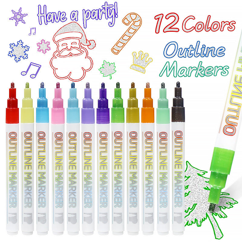 12 Colours Outline Markers Metallic Magic Glitter Art Drawing Pens