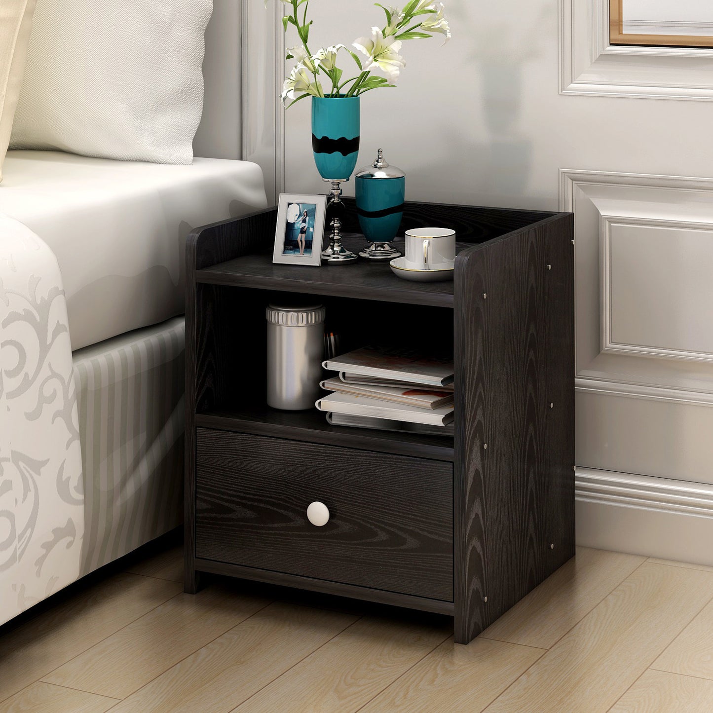 Varossa Classic Bedside Table with Drawer (Black Wood)