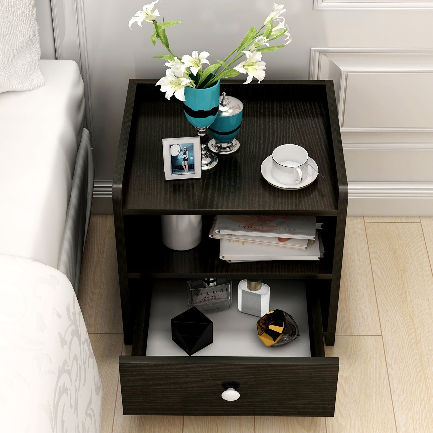 Varossa Classic Bedside Table with Drawer (Black Wood)