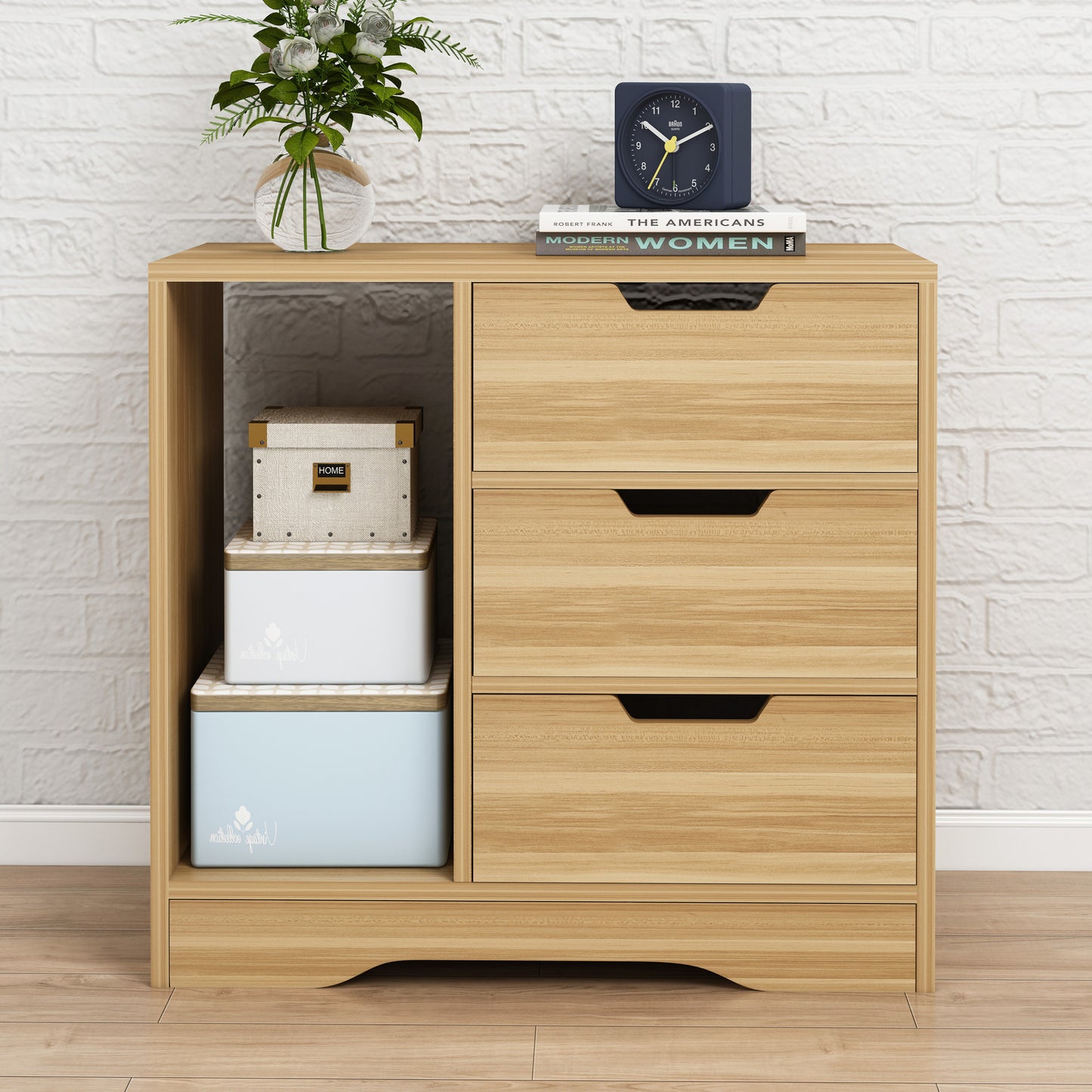 Zest 3 Drawer Cabinet and Shelf Utility Side Table (Oak)