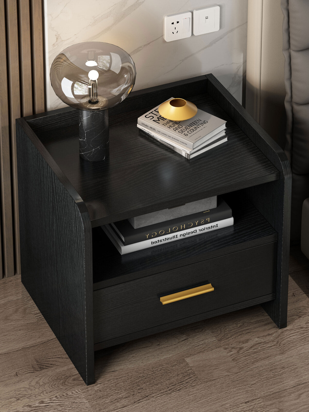 Serene Bedside Table Nightstand with Drawer (Black)