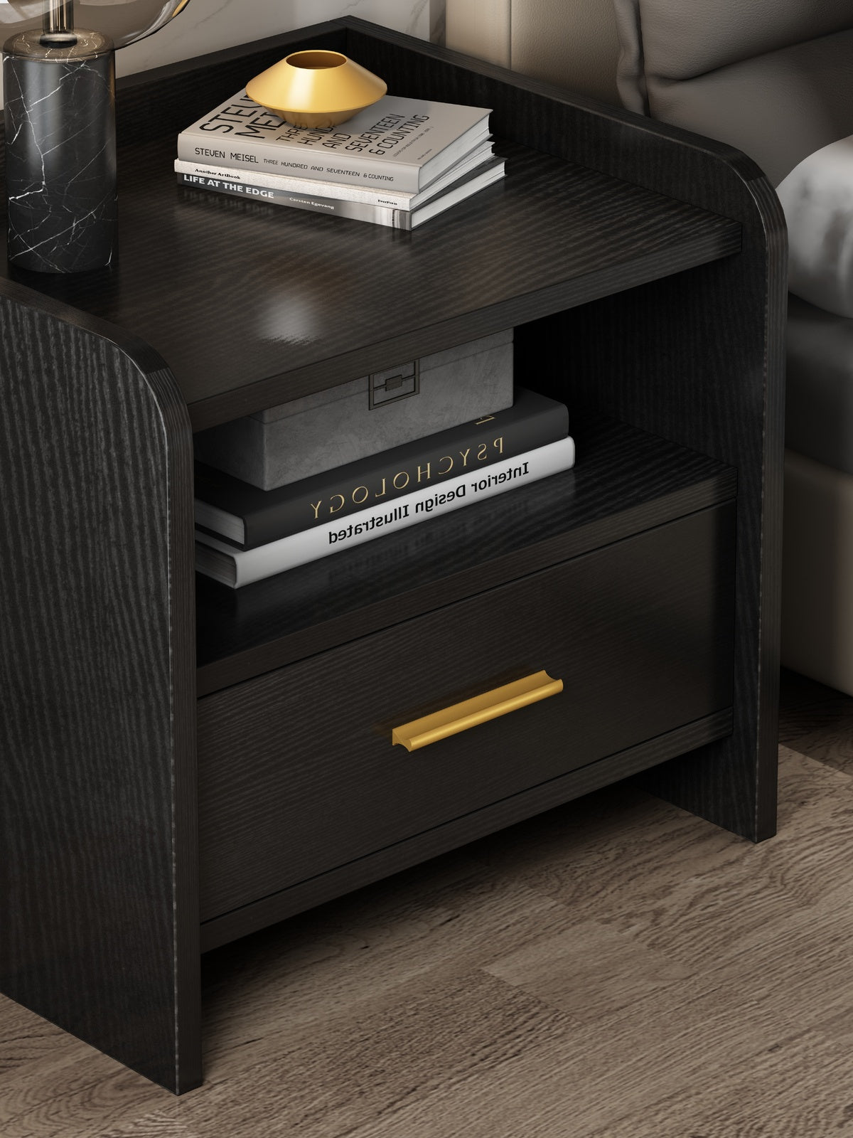 Serene Bedside Table Nightstand with Drawer (Black)