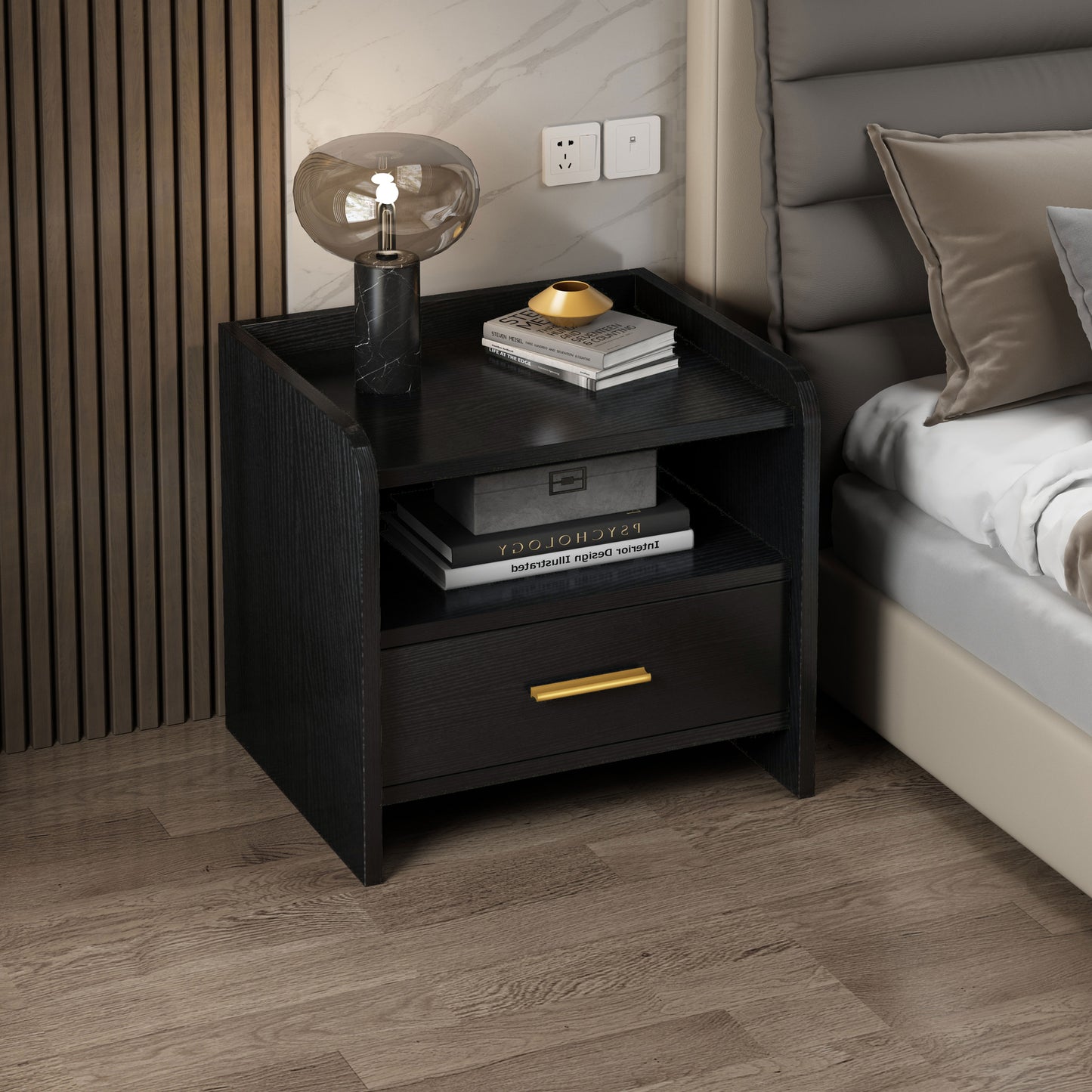 Serene Bedside Table Nightstand with Drawer (Black)