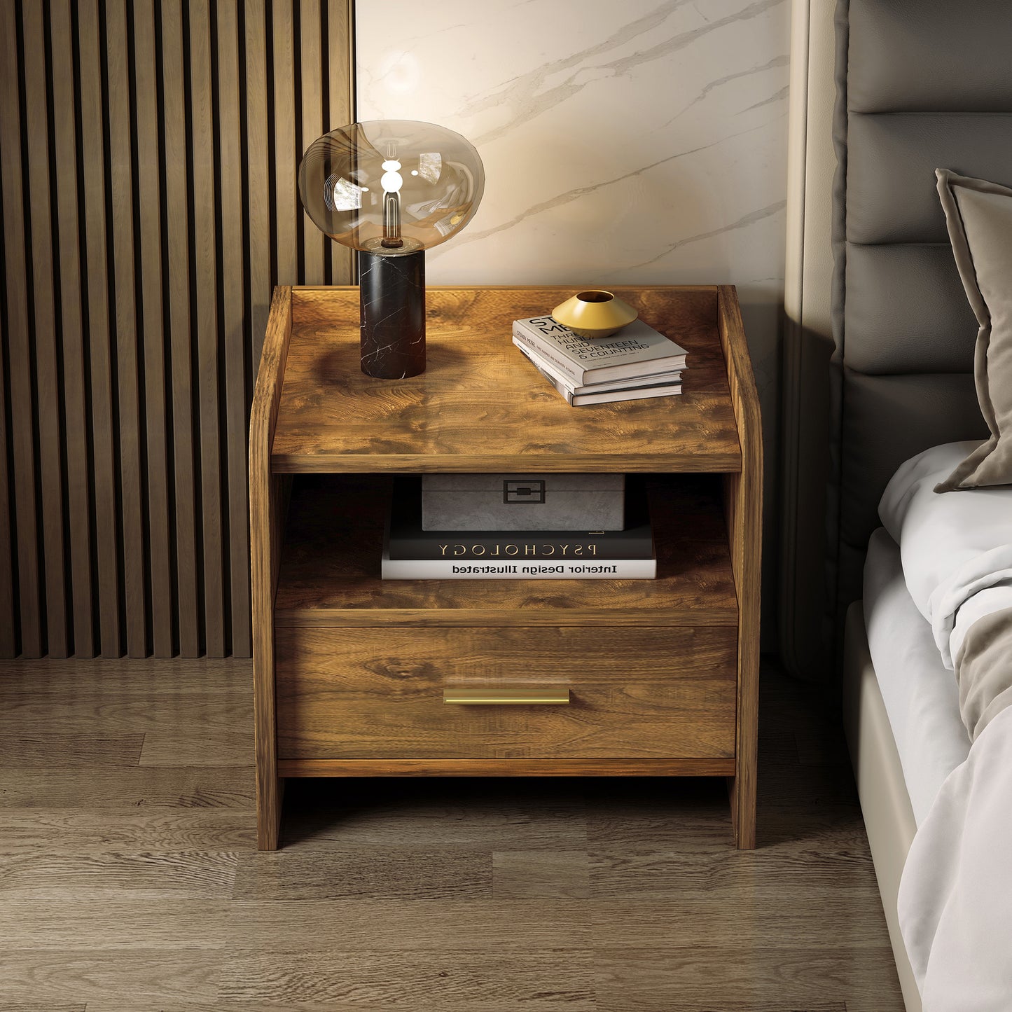 Serene Bedside Table Nightstand with Drawer (Rustic Wood)