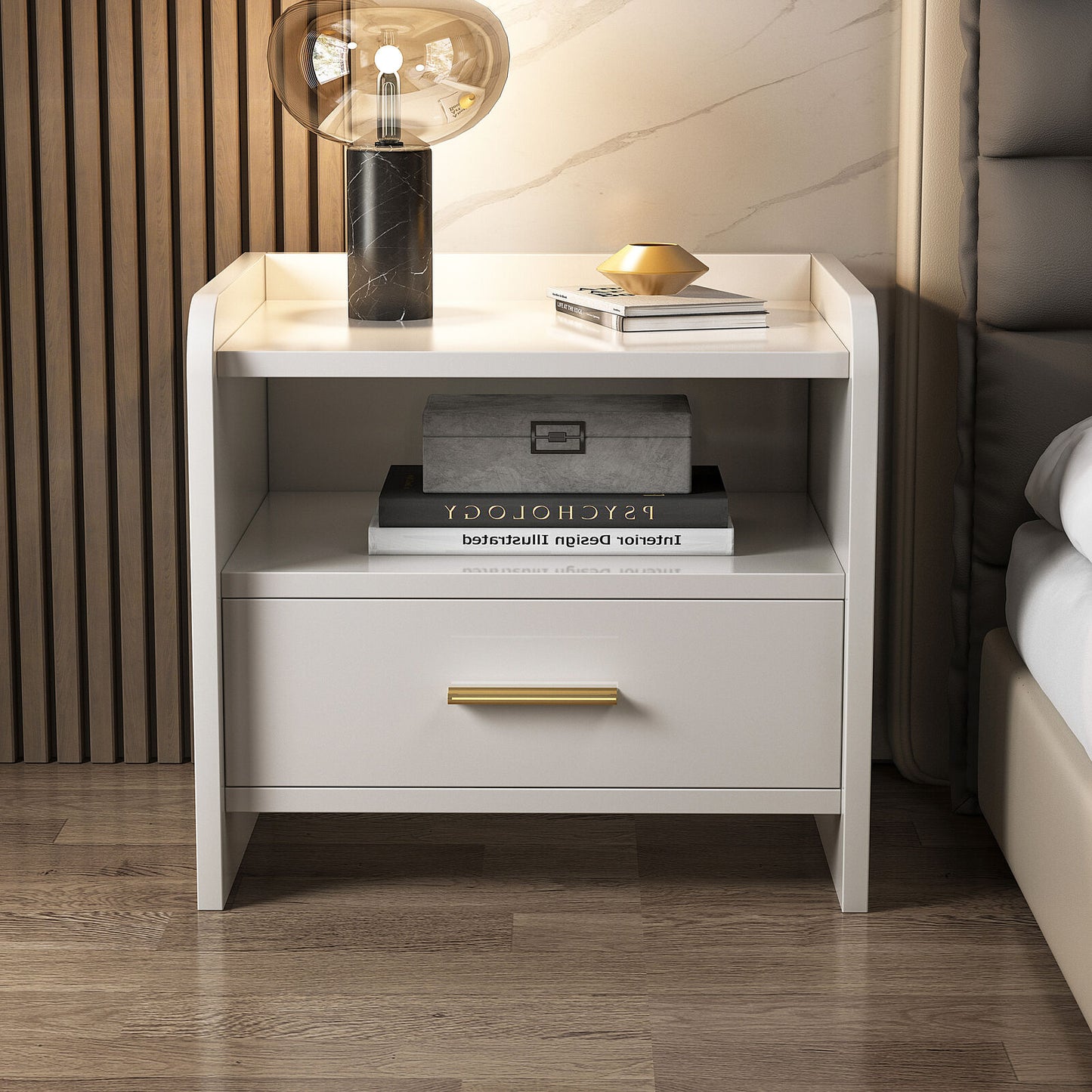 Serene Bedside Table Nightstand with Drawer (White)