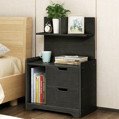 Harmony Tall Bed Side Table with Chest of Drawers and Shelf (Black)