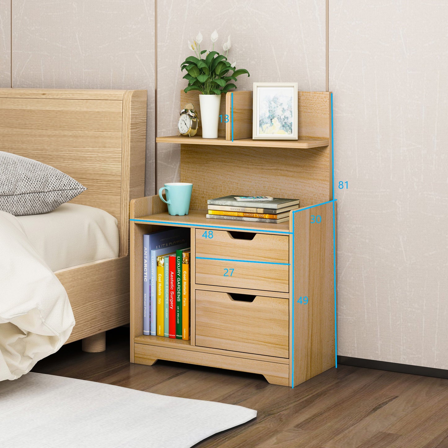 Harmony Tall Bed Side Table with Chest of Drawers and Shelf (Oak)