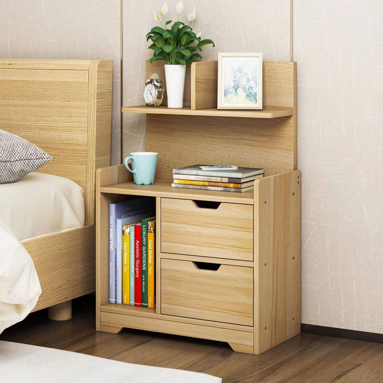 Harmony Tall Bed Side Table with Chest of Drawers and Shelf (Oak)