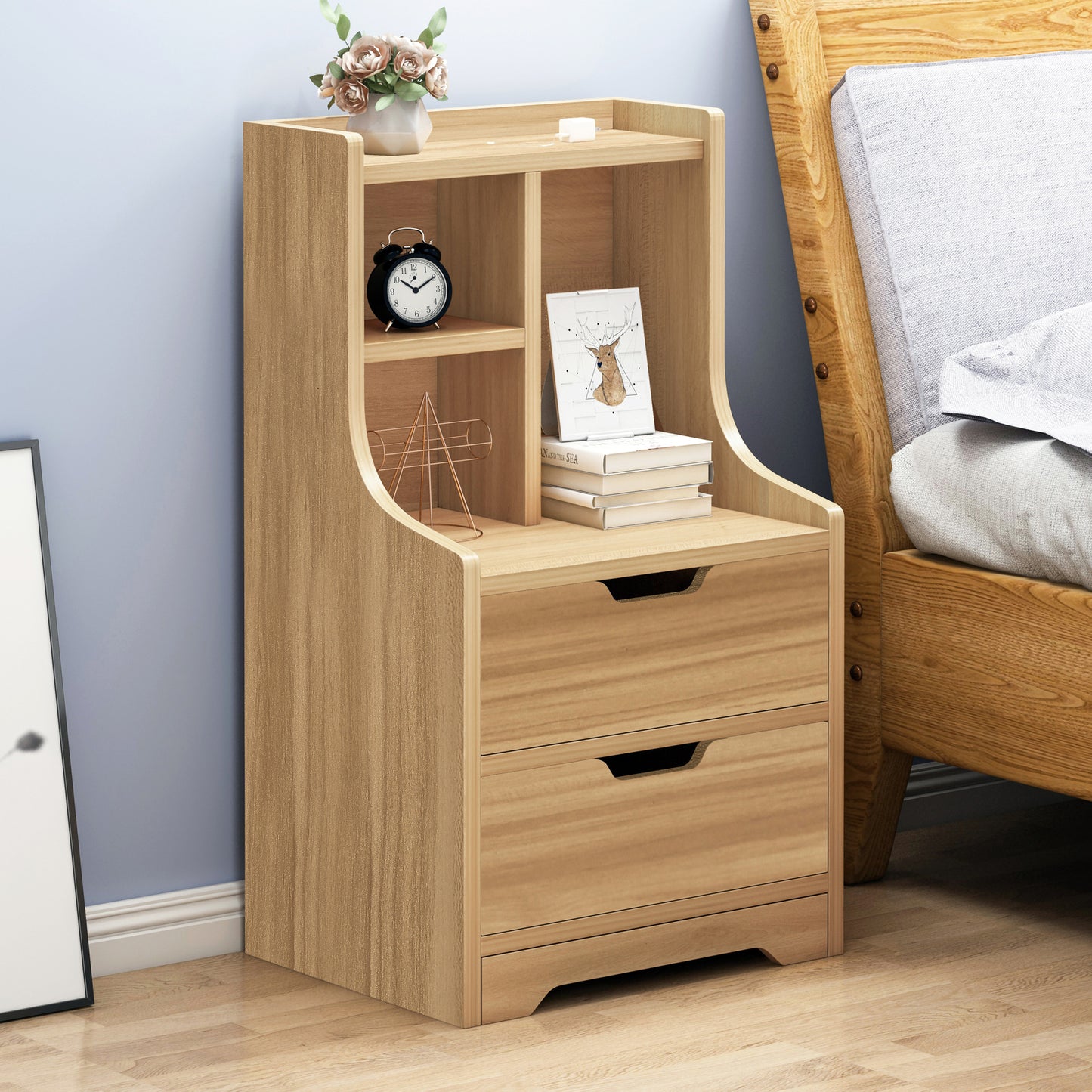 Twilight 2-Drawer Tall Bedside Table with Chest of Drawers and Shelves (Oak)