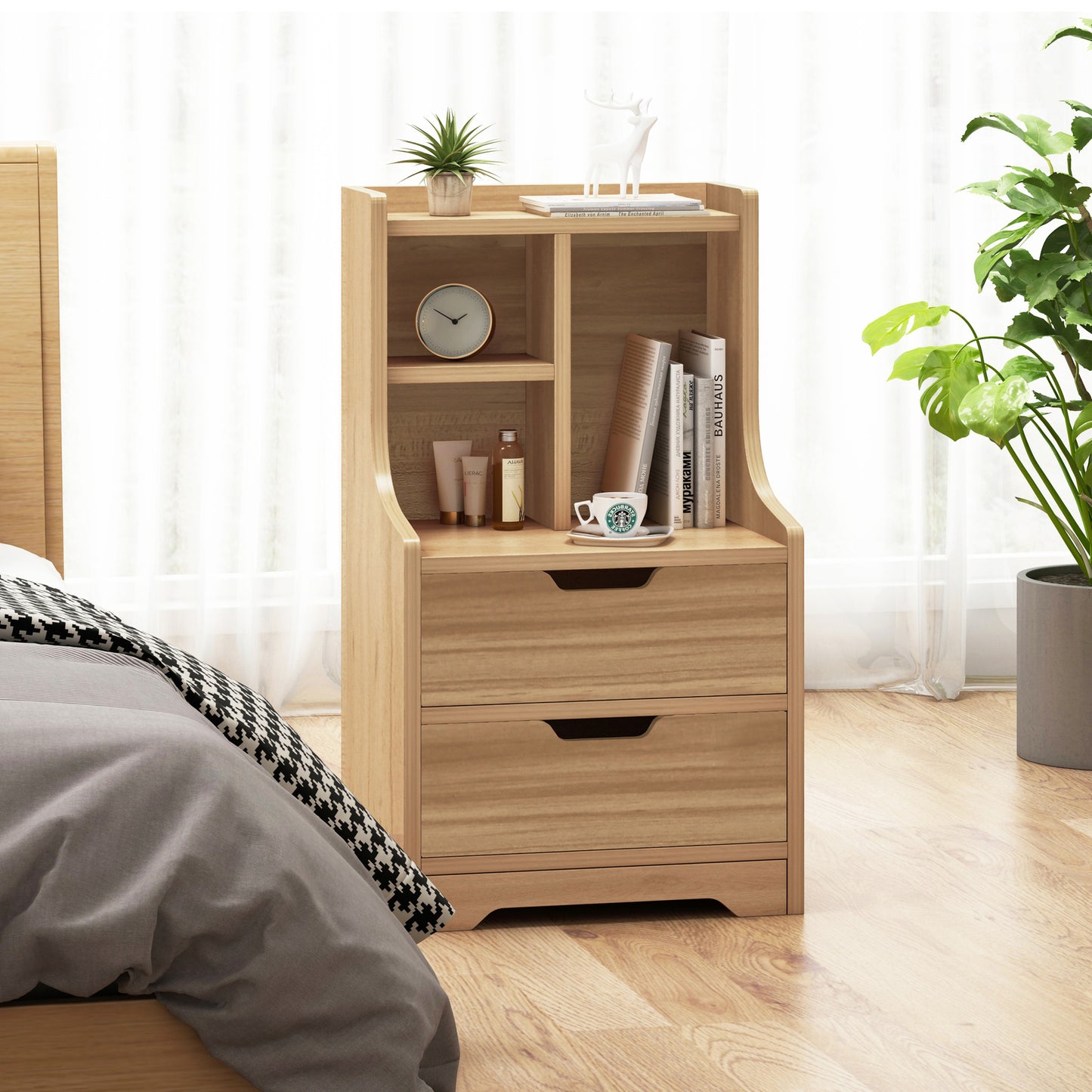 Twilight 2-Drawer Tall Bedside Table with Chest of Drawers and Shelves (Oak)