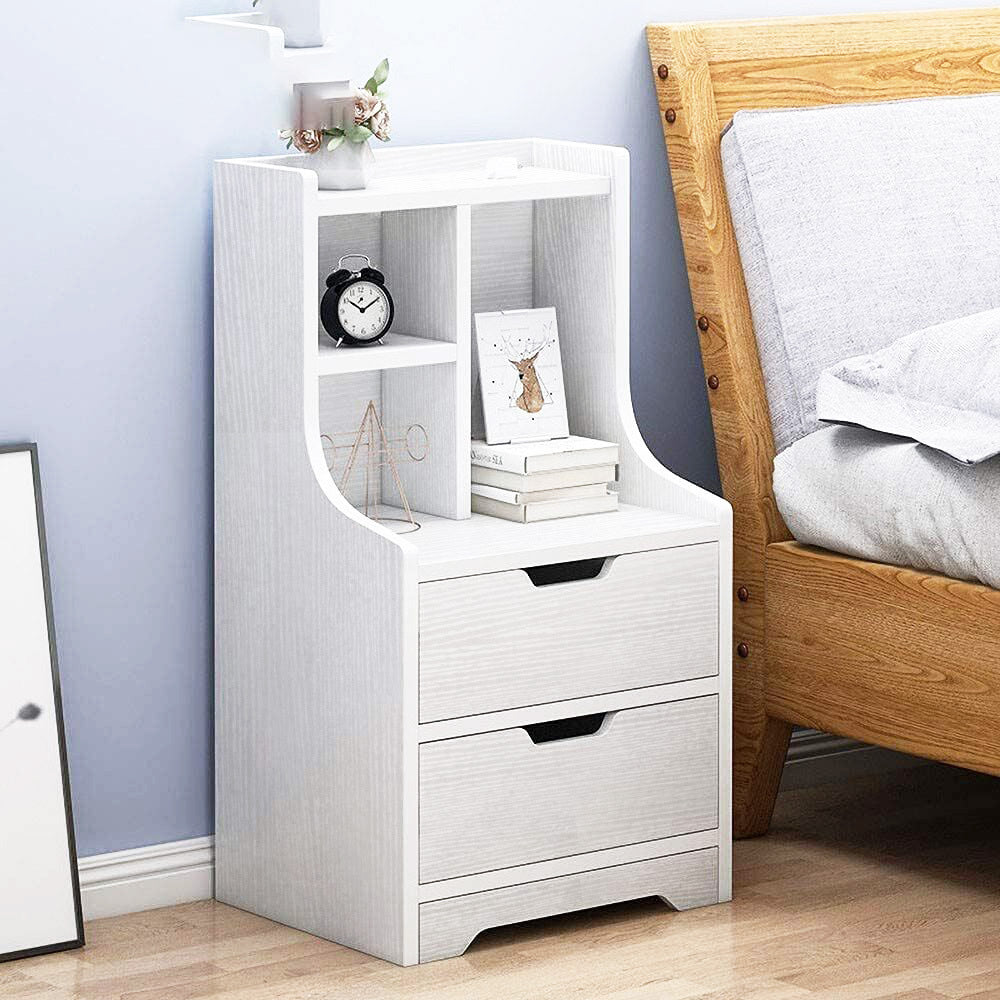 Twilight 2-Drawer Tall Bedside Table with Chest of Drawers and Shelves (White)