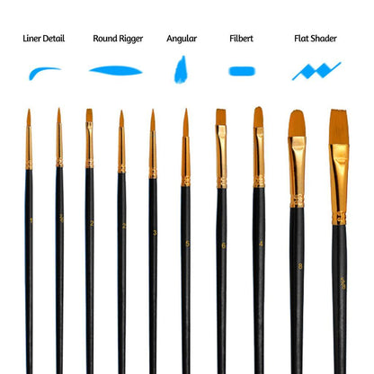 10PCS Paint Brush Set Artist Paintbrushes Kit (Black)