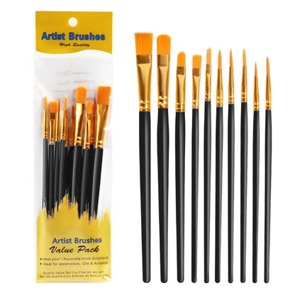 10PCS Paint Brush Set Artist Paintbrushes Kit (Black)