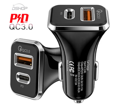 36W Fast USB C Charger PD & Quick Charge QC 3.0 Dual Port Car Adapter (Black)