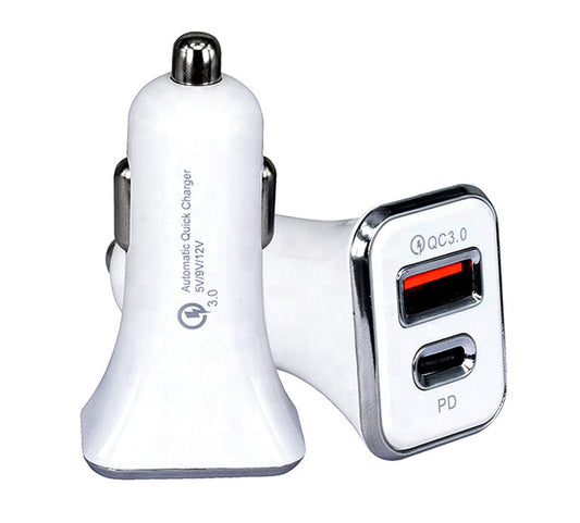 36W Fast USB C Charger PD & Quick Charge QC 3.0 Dual Port Car Adapter (White)