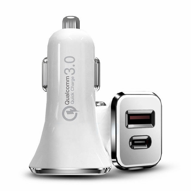 36W Fast USB C Charger PD & Quick Charge QC 3.0 Dual Port Car Adapter (White)