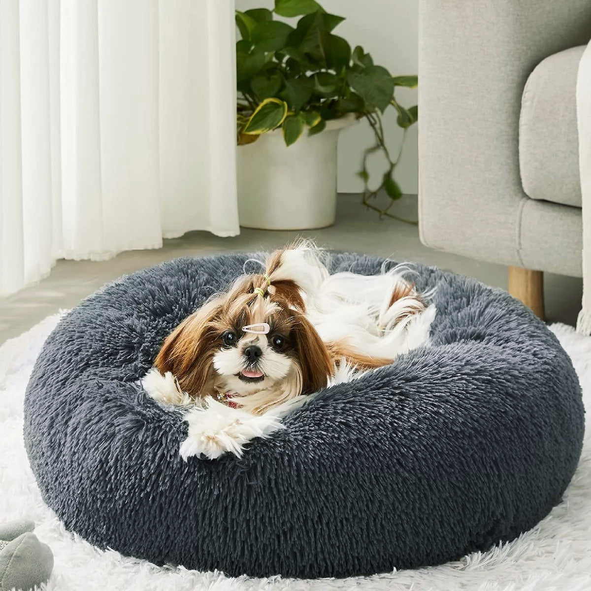 Cozy Plush Soft Fluffy Pet Bed Dog Cat Bed (Dark Grey, 60cm)
