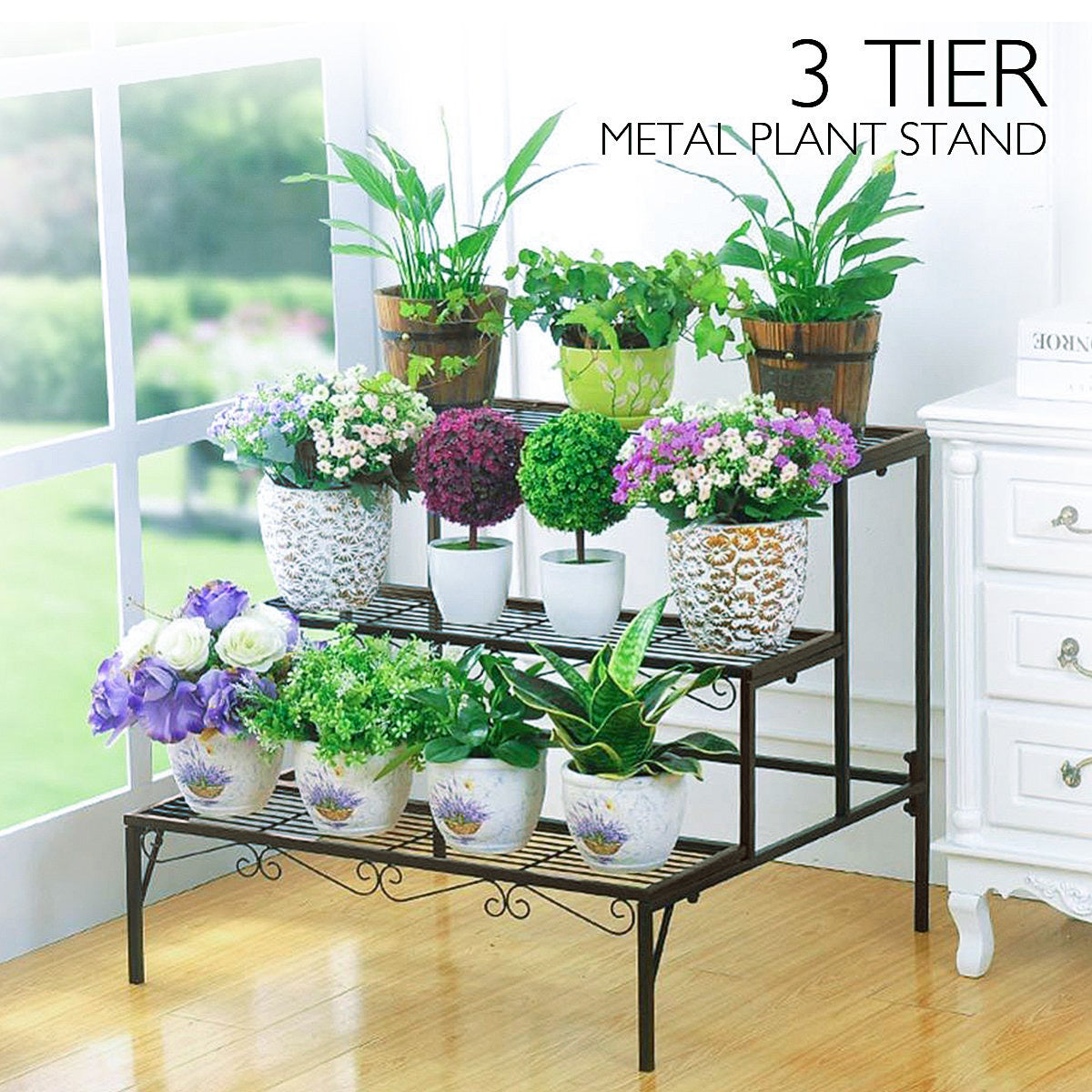 3-tier Metal Garden Plant Stand Shelf Display Rack Flower Pot Holder Storage Organizer