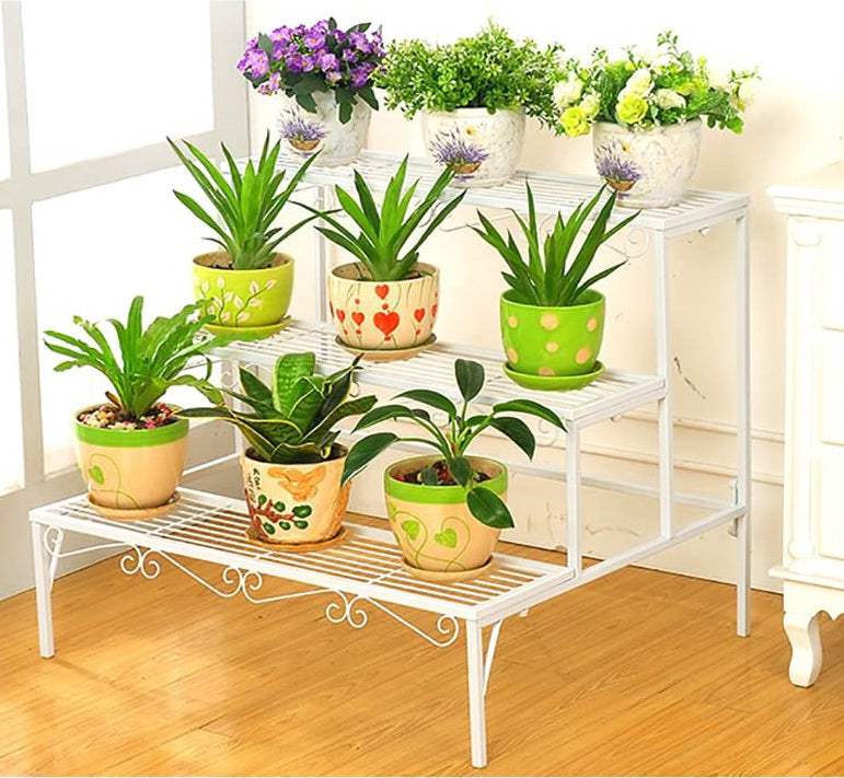 3-tier Metal Garden Plant Stand Shelf Display Rack Flower Pot Holder Storage Organizer (White)