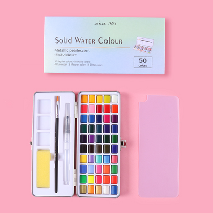 50 Colours Solid Watercolor Paint Palette Brush Set Drawing Portable Art Painting Supplies Kit