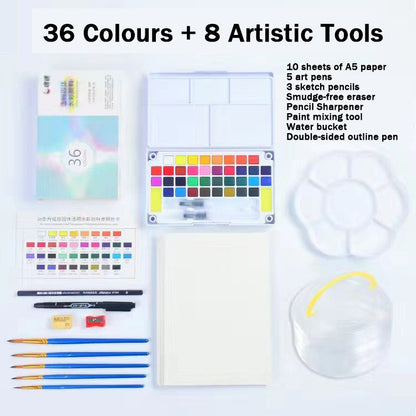 36 Watercolors Palette & 8 Paint Tools: All-in-One Painting & Drawing Supplies Kit