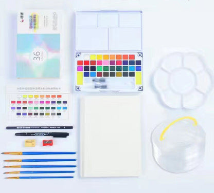 36 Watercolors Palette & 8 Paint Tools: All-in-One Painting & Drawing Supplies Kit