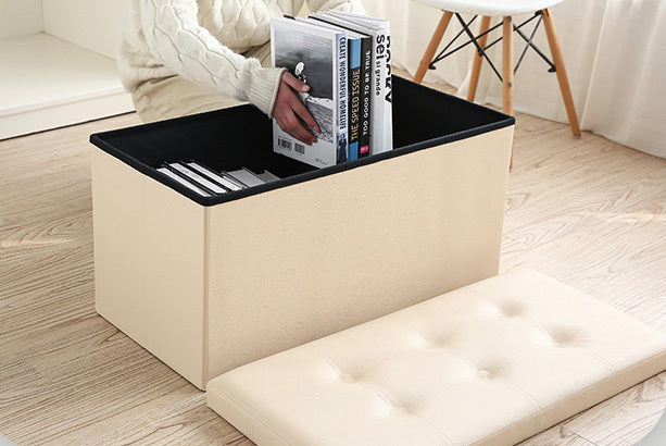 XL Rectangle PU Leather Ottoman Foldable Storage Stool (Beige)