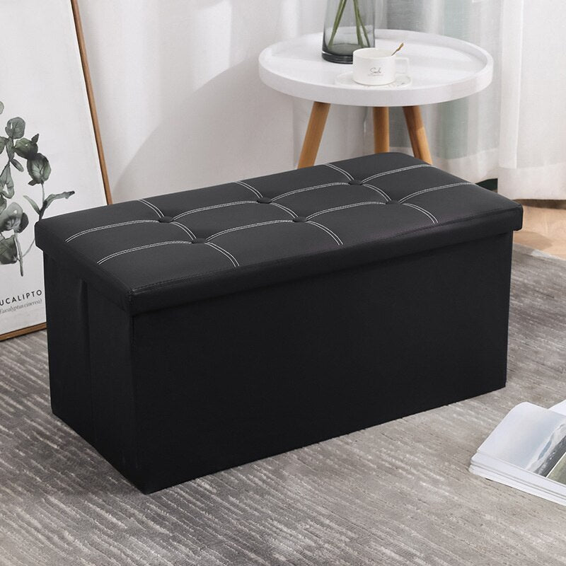 XL Rectangle PU Leather Ottoman Foldable Storage Stool (Black)