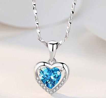 S925 Sterling Silver Eternal Heart Pendant CZ Diamond Necklace (Blue)