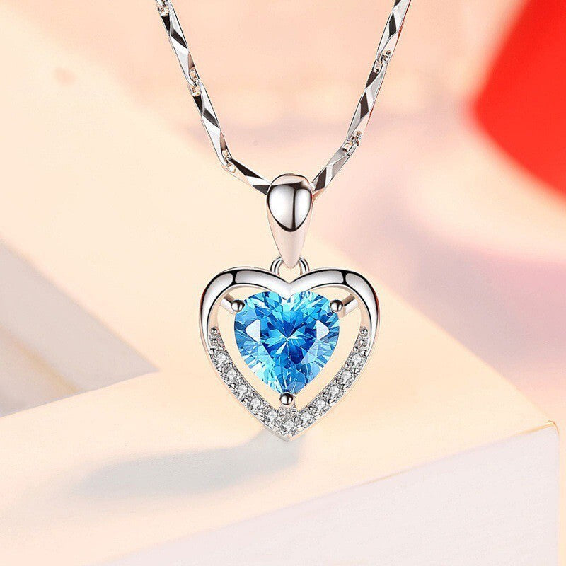 S925 Sterling Silver Eternal Heart Pendant CZ Diamond Necklace (Blue)