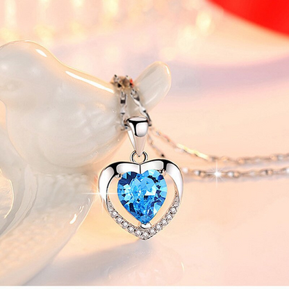 S925 Sterling Silver Eternal Heart Pendant CZ Diamond Necklace (Blue)