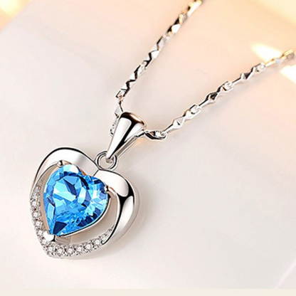 S925 Sterling Silver Eternal Heart Pendant CZ Diamond Necklace (Blue)