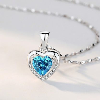 S925 Sterling Silver Eternal Heart Pendant CZ Diamond Necklace (Blue)