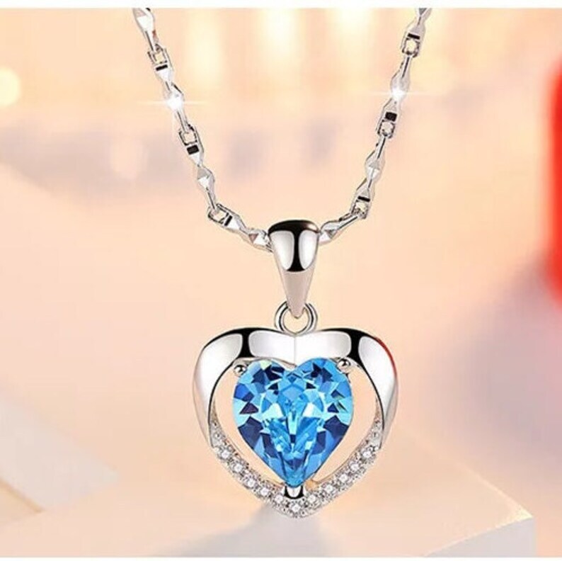 S925 Sterling Silver Eternal Heart Pendant CZ Diamond Necklace (Blue)